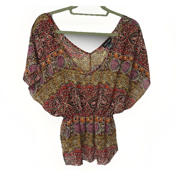 VTG 90s Y2K Does 70s Wet Seal Paisley Sheer L Kaftan Top V Neck Hippie Sz S - Picture 1 of 6